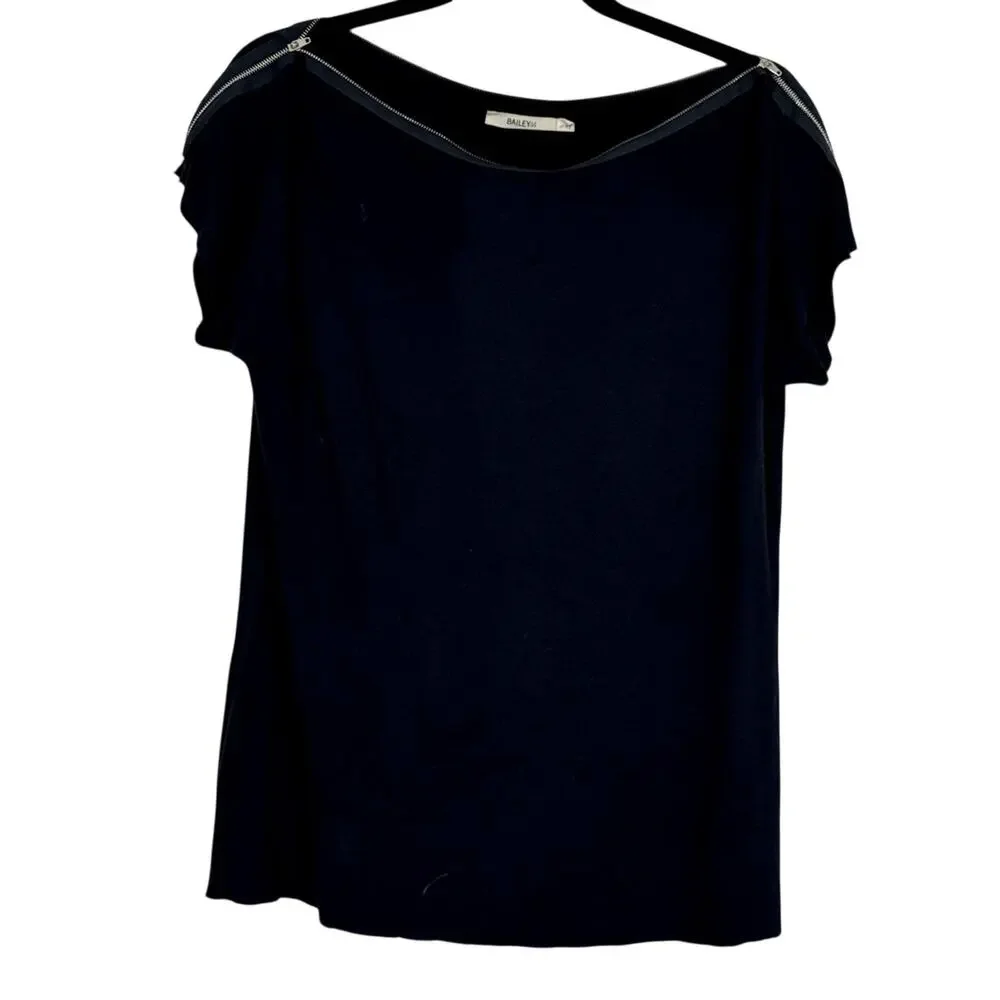 Bailey 44 Navy Blue Zip Boat Neck Y2K Blouse Womens L Preppy Girly Short Sleeve - Picture 2 of 11